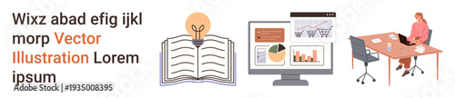 Education, data analysis, teamwork, learning resources, innovation, workplace productivity. Open book with a lightbulb, charts on a computer and a person at a desk. Education and data analysis