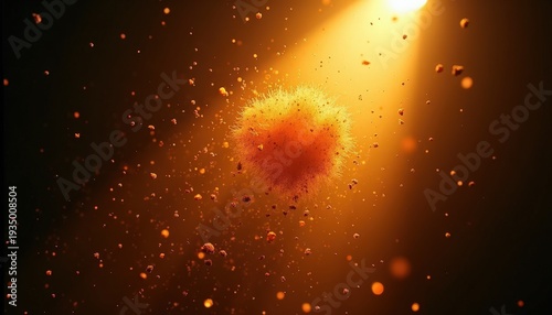 Exploding orange sphere of particles in golden spotlight with dust motes and bokeh in dark background