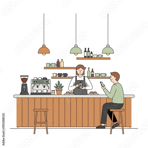 Barista serving coffee to customer at cafe counter with espresso machine and pastries