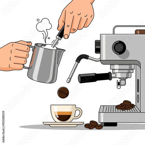 Barista Steaming Milk for Coffee with Espresso Machine and Beans