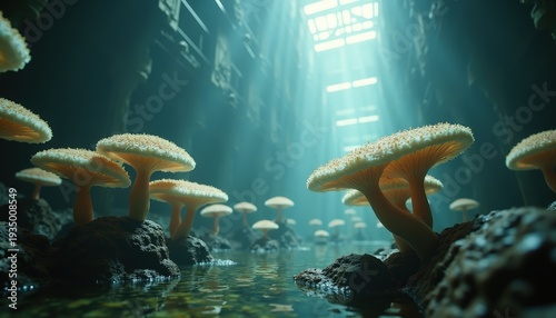 Bioluminescent Fungi Cluster Glows in Subterranean Cavern Illuminated by Ethereal Sunbeams Piercing the Gloomy Depths