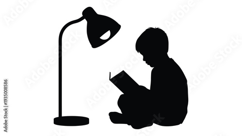 A silhouette of a person reading under a lamp isolated on white background, Vector