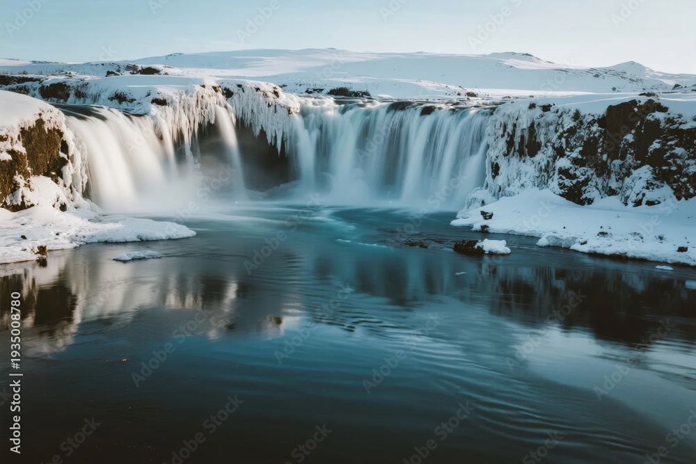 Obraz premium Snow-covered waterfall cascading into a calm river in a winter landscape