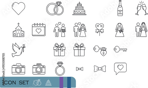 Print Elegant Wedding and Romance Icon Set Featuring Bridal Attire Engagement Rings Celebration Symbols and Ceremonial Elements