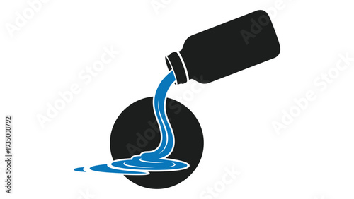 A bottle pouring blue liquid into a black circle isolated on white background, Vector