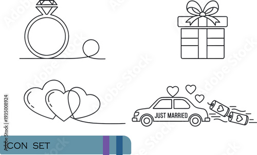 Print Elegant Minimalist Wedding and Celebration Icon Set Featuring Engagement Ring Gift Box Intertwined Hearts and Just Married Car Symbols