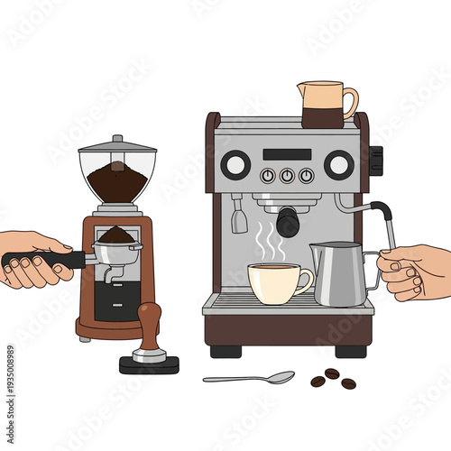 Espresso Machine Making Coffee, Grinding Beans, Steaming Milk, Barista Process