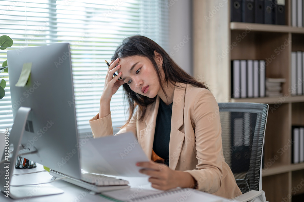 Fototapeta premium Stressed asian businesswoman having headache while reading documents at office desk