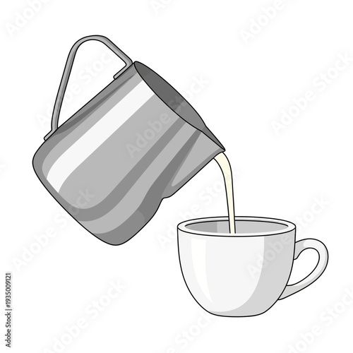 Milk being poured from a pitcher into a white coffee cup, creating a beverage.