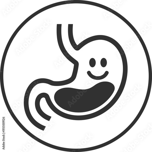 Cute smiling stomach icon happy healthy digestion cartoon character black outline stomach with face gastroenterology medical humor digestive system vector illustration for health design
