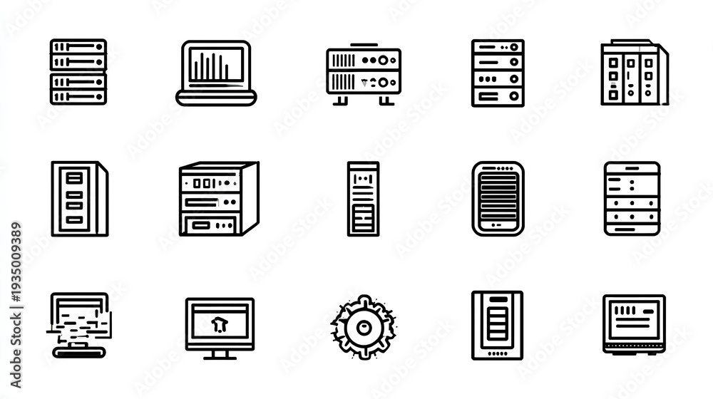 Fototapeta premium Big Data line editable icon set containing database data center server storage hosting Stock Vector