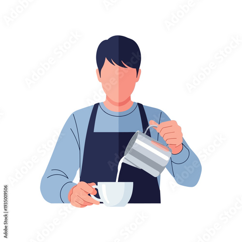 Barista pouring milk into coffee cup, latte art preparation, close-up, studio shot