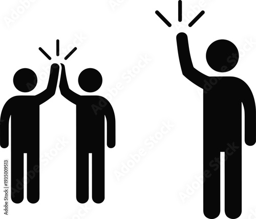 Two stick figures high five celebration success teamwork partnership victory achievement congratulations gesture black silhouette icon vector illustration for business motivation team spirit designs