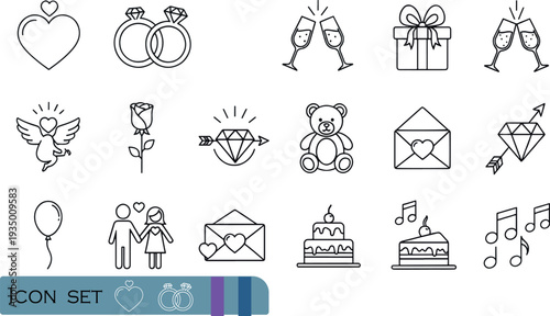 Print Romantic Wedding and Valentine Celebration Icon Set Featuring Hearts Engagement Rings Love Letters Champagne Toasts and Couple Symbols