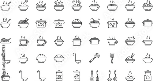Hand Drawn Cooking Pots and Food Icon Set with Soup Bowls Utensils Kitchenware and Hot Meals Outline Vector Collection