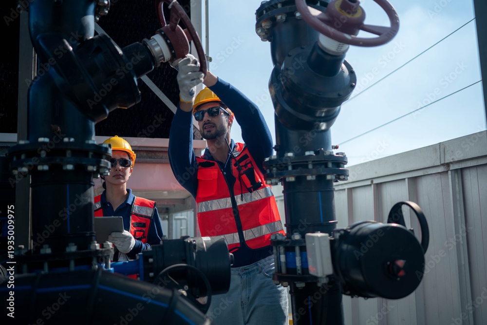 Naklejka premium Engineers inspecting industrial pipeline and valve systems