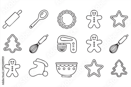 Christmas Baking Outline Icons for Seasonal Food and Dessert Graphics