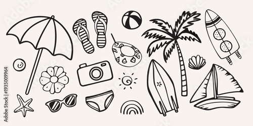 Summer vacation doodles featuring beach essentials and tropical elements