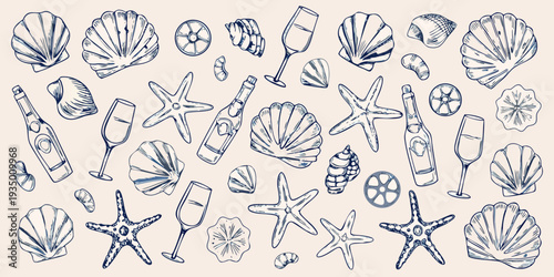 Sketch of seashells starfish wine glasses and bottles on a beige background