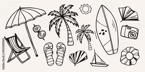 Black and white illustration of summer vacation elements and beach accessories