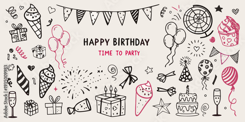 Colorful hand drawn birthday illustrations with balloons cake and party elements