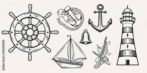 Nautical elements including a ship s wheel anchor lighthouse and sailboat