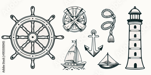 Nautical elements ship wheel lighthouse sailboat and maritime accessories