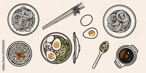 An artistic arrangement of ramen bowls eggs and dipping sauces