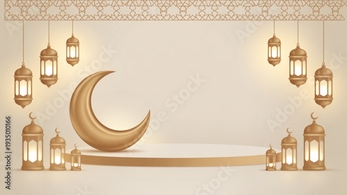 Golden crescent moon on a podium surrounded by hanging lanterns and decorative lights on a beige background with intricate patterns
