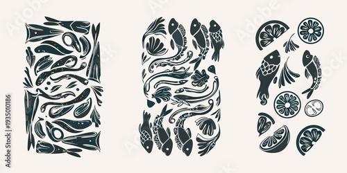 Stylized illustration of fish citrus and botanical elements in black ink