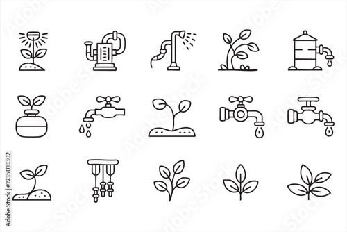 Minimal Irrigation Equipment Line Icons with Sprinkler and Hose