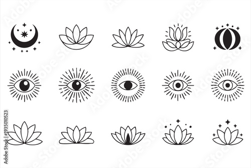 Mystic Lotus and Sacred Eye Line Icons for Spiritual Design