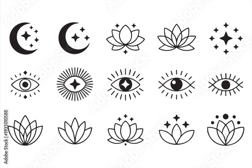 Esoteric Line Icon Collection with Sacred Eye and Lotus Symbols