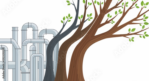 Industrial Pipe System Merging with Nature Tree Illustration