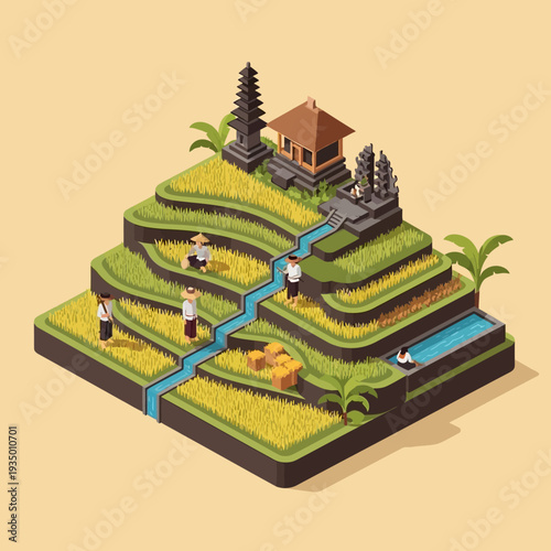 Isometric illustration of a serene rice terrace landscape with traditional Balinese architecture and farmers at work.