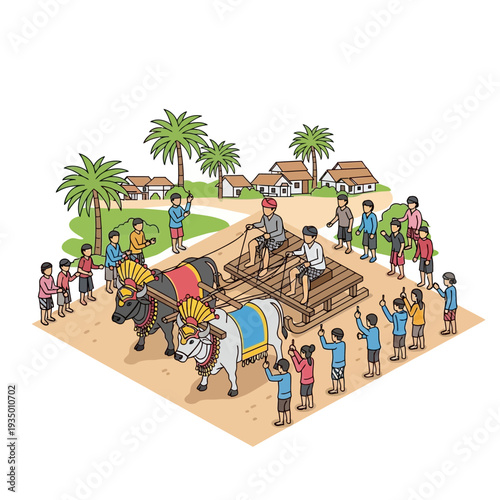 Traditional Village Scene with Oxen and Cart.