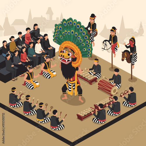 Traditional Indonesian cultural performance with gamelan orchestra and Barong dance.