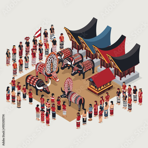 Traditional Thai New Year festival celebration with people and elephants.