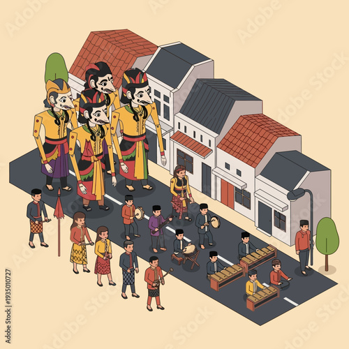 Isometric illustration of traditional dancers performing in a street parade.