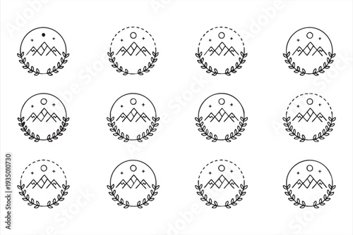 Outdoor Landscape Emblem Collection with Mountain and Laurel Symbols