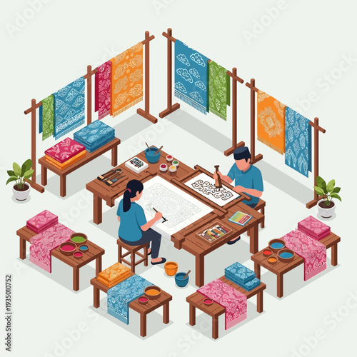 Two artisans working together on textile design in a colorful workshop.