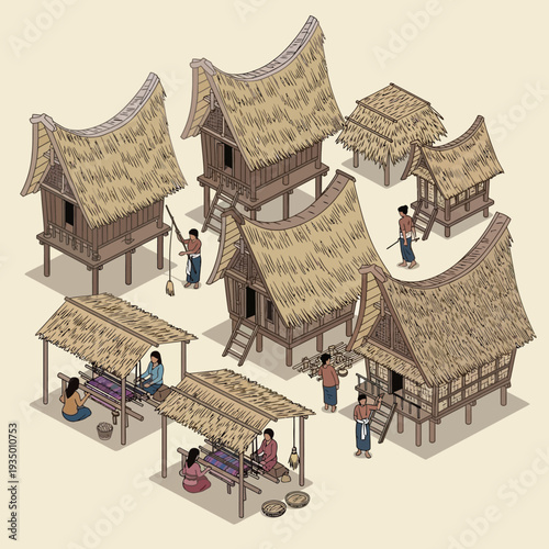 Traditional Village Houses with Thatched Roofs and Wooden Structures.