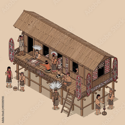 Traditional Tribal Longhouse with People Engaged in Daily Activities.