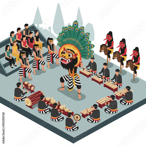 Traditional Indonesian cultural performance with masked dancer and musicians.