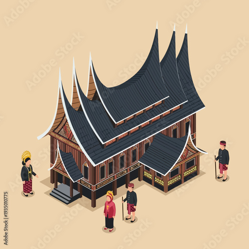 Traditional Malaysian House with People Outside.