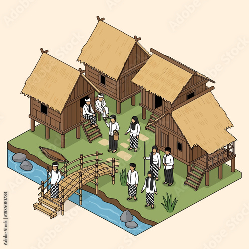 Traditional wooden village houses with thatched roofs and people in traditional clothing.