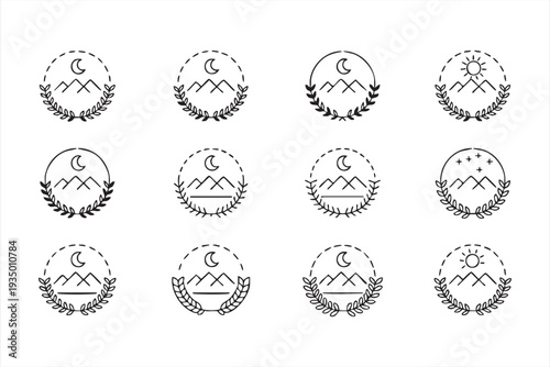 Mountain Peak Badge Outline Logos for Camping and Hiking Identity