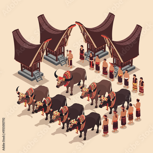 Traditional Thai Bull Fighting Ceremony with Decorated Bulls and Spectators.