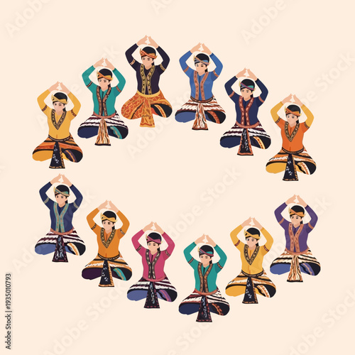 Group of people practicing yoga in various colorful outfits.