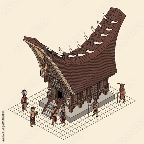 Isometric illustration of traditional Batak Toba house with people outside.